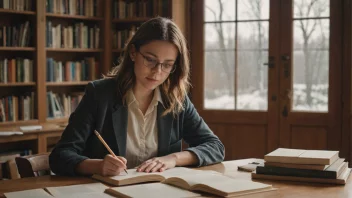 En kvinne som skriver i en dagbok, omgitt av bøker og papirer, i et koselig bibliotek.