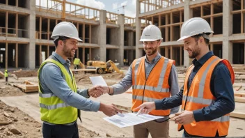 En byggeplass med en bygning i bakgrunnen og en gruppe mennesker i forgrunnen, inkludert en entreprenør og en arkitekt, som håndhilser og holder en kontrakt.