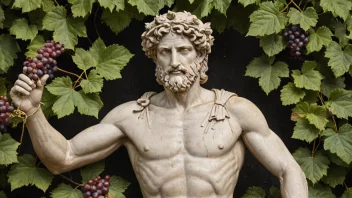 Dionysos, den greske guden for vin og festligheter, er ofte avbildet med en thyrsos og omgitt av vinstokker og druer.