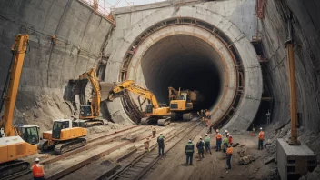 En tunnelbyggeplass med arbeidere og maskiner