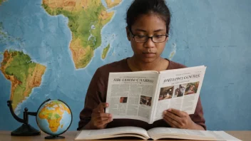 En person leser en bok om utviklingsland, med en globus i bakgrunnen.