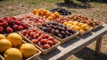 Et bilde av soltørket frukt og kjøtt som tørkes i solen