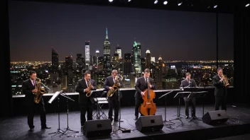 Et jazzband som spiller live på scenen med en bysilhuett i bakgrunnen, noe som fremhever forbindelsen mellom jazzmusikk og bykultur.