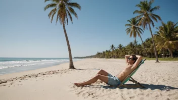 En fredelig strandscene med en person som ligger på et håndkle, omgitt av palmer og en klar blå himmel