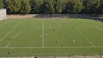 Et idrettsområde med en fotballbane, basketballbane og tennisbane, omgitt av trær og en gangsti.