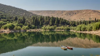 En fredelig innsjøscene i Israel med noen båter og et naturlig landskap.