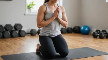 En person i en knebøyende stilling, med en blanding av trening og bønnelementer i bakgrunnen.