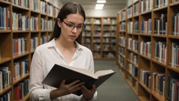 En person sitter i et bibliotek, omgitt av bøker og tidsskrifter, og leser et spesialtidsskrift med en fokusert uttrykk.