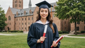 En person i en akademisk drakt holder et diplom med en universitetscampus i bakgrunnen