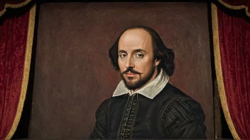 Et portrett av William Shakespeare med en subtil bakgrunn av en teaterscene, som symboliserer hans forbindelse til teater- og dramaverdenen.