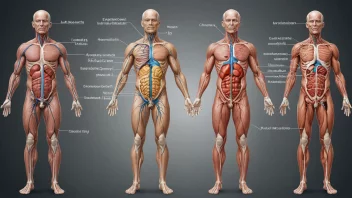 En illustrasjon av menneskekroppen med ulike fysiologiske prosesser fremhevet, som blodsystemet, nervesystemet og fordøyelsessystemet.