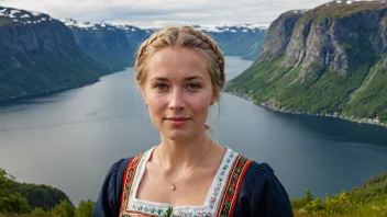 Et portrett av en kvinne med et mildt uttrykk, som bærer en tradisjonell norsk bunad, stående foran et fredelig fjordlandskap.