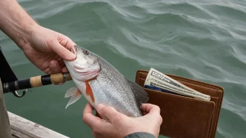 En person som holder en fiskestang med en stor fisk på kroken, med en lommebok og penger i bakgrunnen, som representerer inntekten fra fiske.