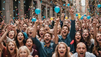 En festlig scene med mennesker som feirer og uttrykker glede.