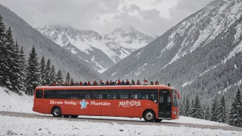 En juleturné-buss kjører gjennom et snødekt fjellandskap.