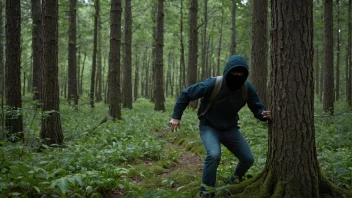 En person som beveger seg stille og forsiktig gjennom en skog, og bruker trær og løvverk som dekning