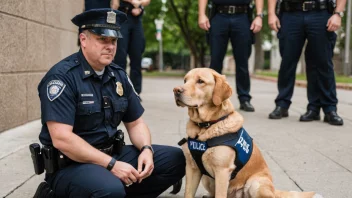 En tjenestehund i politiuniform, sittende ved siden av en politibetjent, begge ser alvorlige og profesjonelle ut