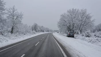 En vintervei med snø og is, med en bil som kjører forsiktig i det fjerne.