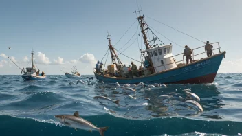 En illustrasjon av en fiskebåt og forskere som studerer fisk.