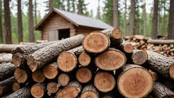 En haug med tørr ved, med noen vedkubber i forgrunnen og en uskarp bakgrunn av en skog eller et vedskjul.