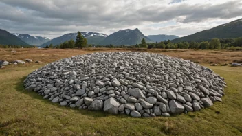 En gravrøys i et norsk landskap, med noen trær og åser i bakgrunnen.