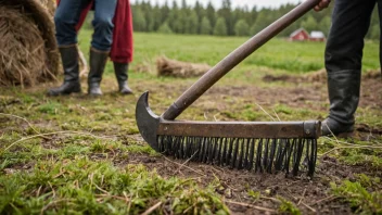 Et ljåorv, et tradisjonelt norsk landbruksredskap, er avbildet i en landlig setting med en bonde som bruker det i bakgrunnen.