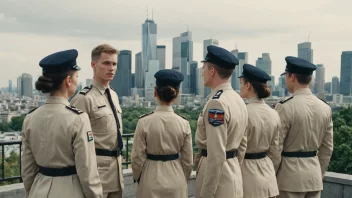 En gruppe mennesker i uniform, med en by i bakgrunnen, som formidler en følelse av kontroll og ensartethet.