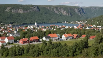 En malerisk norsk by med et Lyngstad-skilt.