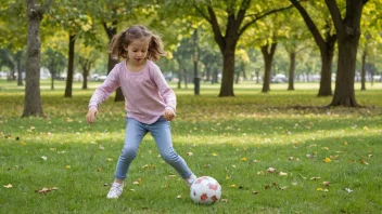 En ung jente med et stort smil som leker med en ball i en park