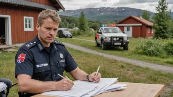 En polititjenestemann i et landlig område i Norge, dypt i tanker, omgitt av papirer og dokumenter.