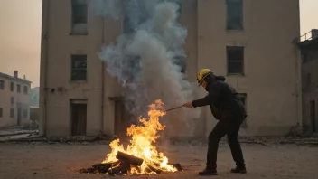 Et bilde av en person som setter fyr på en bygning, med flammer og røyk i bakgrunnen.