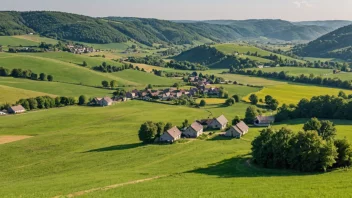 Et idyllisk landskap med en liten landsby i sentrum, omgitt av frodig grønne åkre og rullende åser i bakgrunnen.