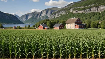 Et fredelig landskap av en kornåker med en tradisjonell norsk gård i bakgrunnen