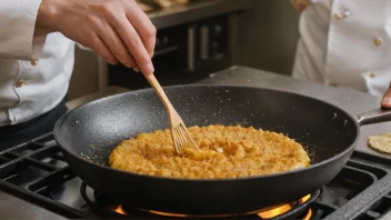 En kokk som fritter mat i en panne med olje, noe som resulterer i en sprø tekstur og gyllen farge.