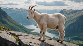 En ung geit som står på et fjell med en naturskjønn utsikt.