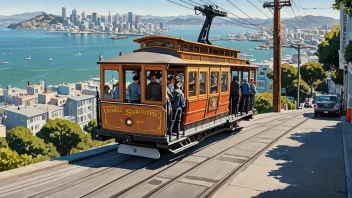 En kabeltrikk i San Francisco, med en tydelig utsikt over kablene og trikkens mekanikk.