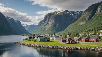 En pittoresk norsk landsby med tradisjonell arkitektur og en storslagen natur.