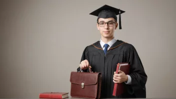 En person med en koffert og et universitetsdiplom i bakgrunnen, ser selvbevisst og overkvalifisert ut for en jobb.