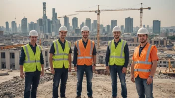 En gruppe ingeniører og teknikere som arbeider sammen på en byggeplass, med en bysilhuett i bakgrunnen