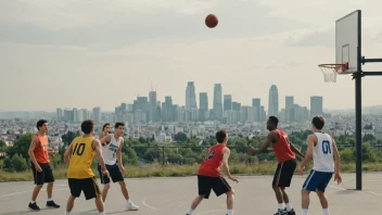 Et basketballag som spiller sammen, med en subtil bakgrunn av en by eller landskap, som symboliserer en basketballkrets.