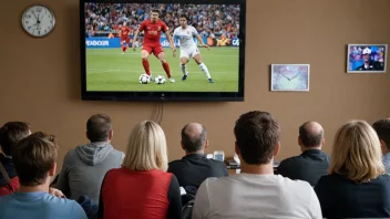 En gruppe mennesker ser på en spennende sportskamp på TV, med klokken tikker ned i bakgrunnen.