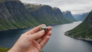 En person som holder en liten mengde av noe i hånden, med en subtil bakgrunn av et norsk landskap.