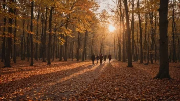 En fredelig høstkveld med mennesker som går i skogen og nyter hverandre selskap.