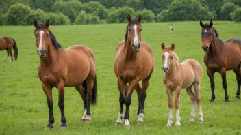 En stolt hingst som står i en grønn eng med noen hopper og føll i bakgrunnen.