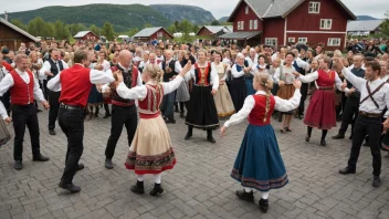 En folkedansfestival i Norge, med mennesker som danser i tradisjonelle klær.