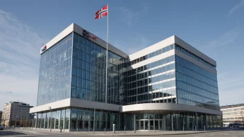 En stor, moderne bankbygning med et norsk flagg utenfor, som representerer begrepet statsbankvirksomhet.