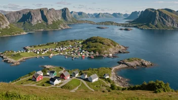 En pittoresk øy i Norge med en liten landsby og en fjord i bakgrunnen.