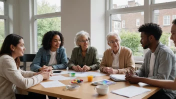 En gruppe mennesker fra ulike bakgrunner og aldre samlet rundt et bord, diskuterer og arbeider sammen, med et stort vindu i bakgrunnen som viser et mangfoldig og inkluderende samfunn.