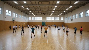 En idrettshall med en basketballbane, en løpebane og mennesker som trener på ulikt utstyr