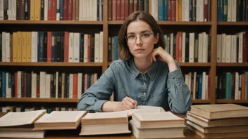 En person som studerer litteratur på et bibliotek eller ved et skrivebord.